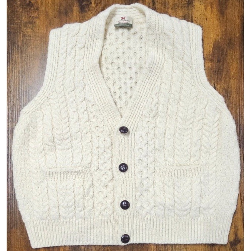 Vintage 90s Carraig Donn Sweater Vest Women's Large Cream Wool Cardigan Ireland